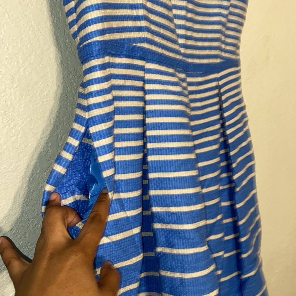 Taylor (Anthropology) Textured Pleated Striped Blue & White Fit & Flare  dress - Picture 3 of 7